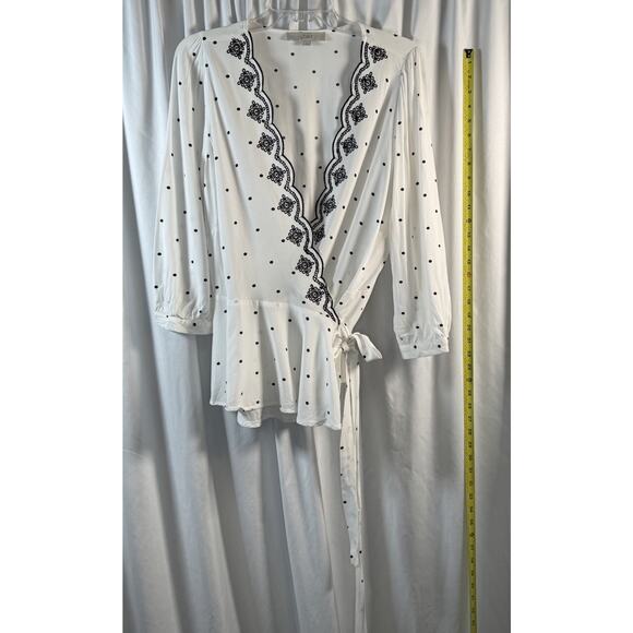 Loft Scalloped Polka Dot Wrap Blouse, White & Black, Sz: M, 80-32 - Picture 8 of 15